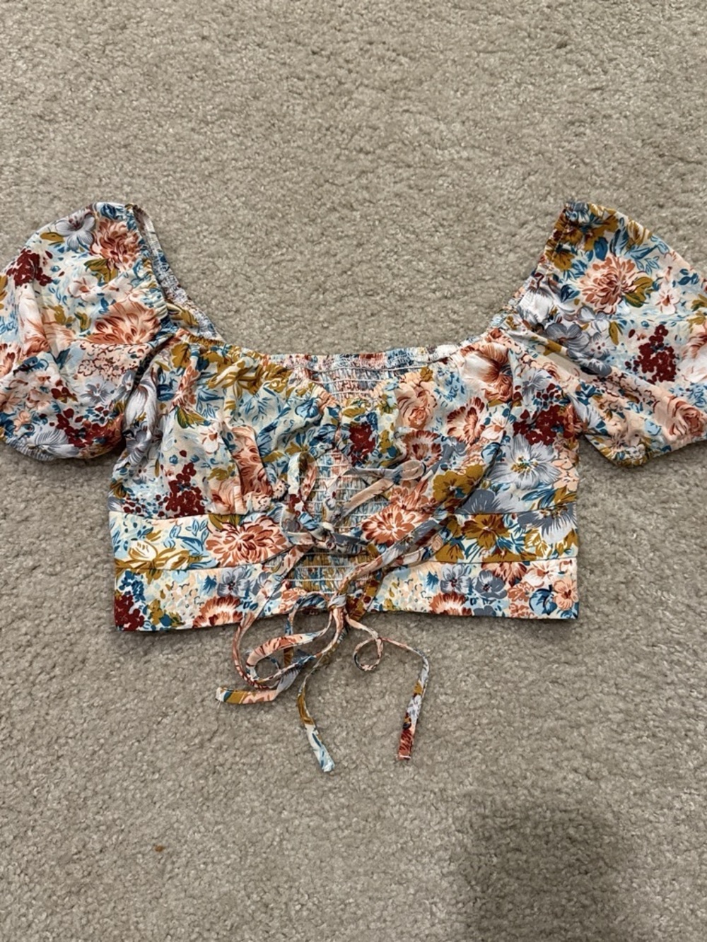 Floral Tie-Front Crop Top in Blue & Pink